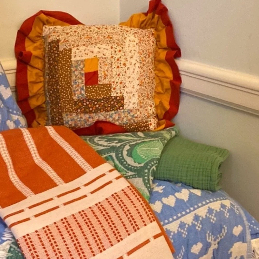 Antique Log Cabin Quilt Pillow Floral Back Terracotta Gold Applecore Aesthetic